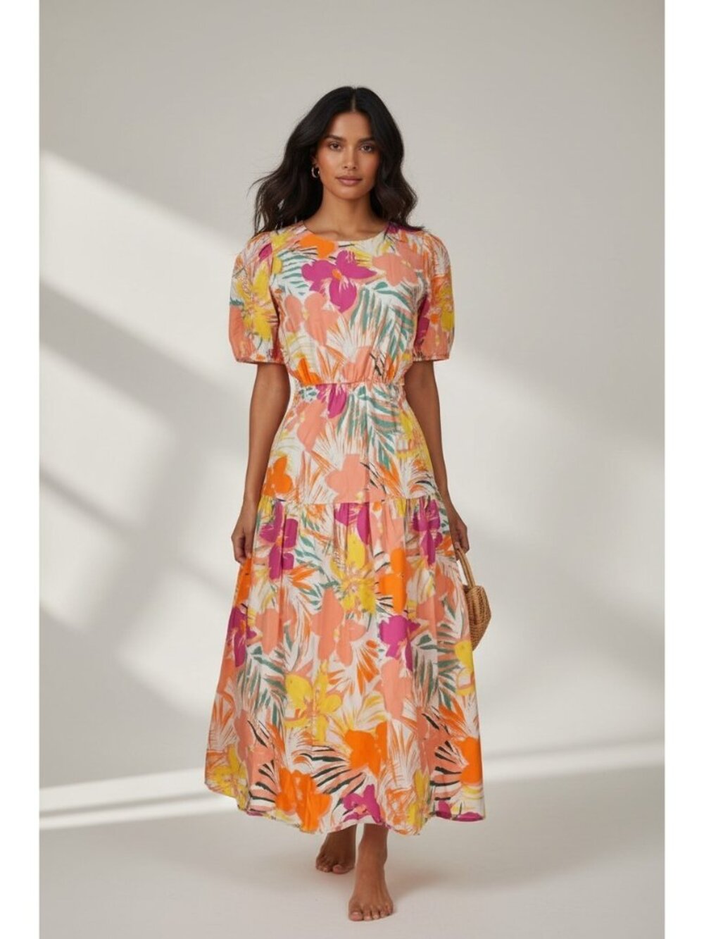 Peter Som Tropical Print Midi Dress Size 10 Orange Puff Sleeve Vacation Boho